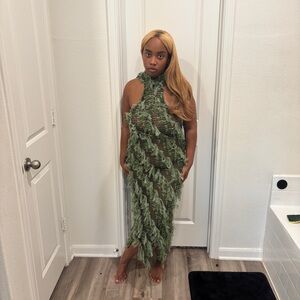 Stunning Green Sheer Ruffle Maxi Dress – Unique & Elegant